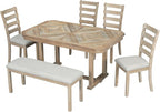 Merax 6-Piece Rubber Wood Dining Table Set with 4 Cushioned Chairs and Bench, Beautiful Wooden Grain Pattern Tabletop, Natural Wood Wash