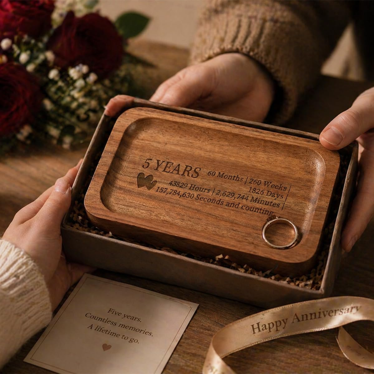5th Anniversary Wedding Gifts for Wife, Husband – Handmade Acacia Wood Jewelry Tray, the Best Gift to Celebrate Five Years of Love.