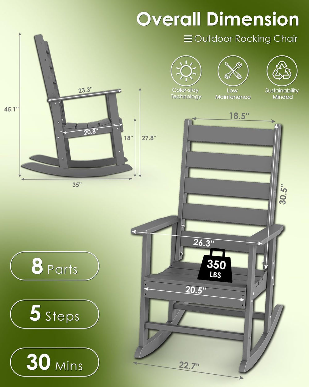 GREENVINES Outdoor Rocking Chairs Set of 2, HDPE Porch Rockers, Grey | Big &a...