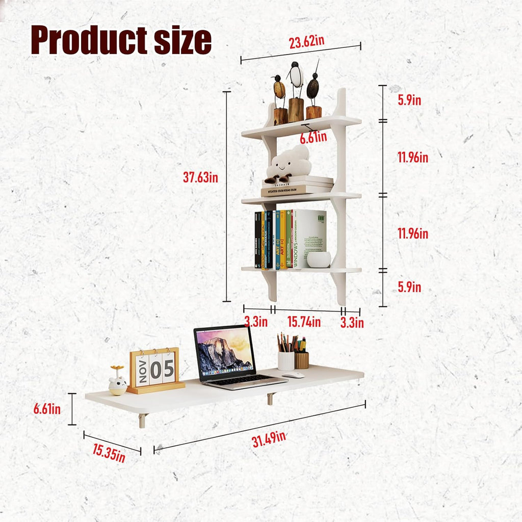 Pmnianhua Wall Mounted Folding Table, 31'' Floating Laptop Desk with Shelves, Foldable Drop Leaf Table, Wall Mount Fold Down Table for Laundry Room Kitchen Bar Home Office Small Space(White)