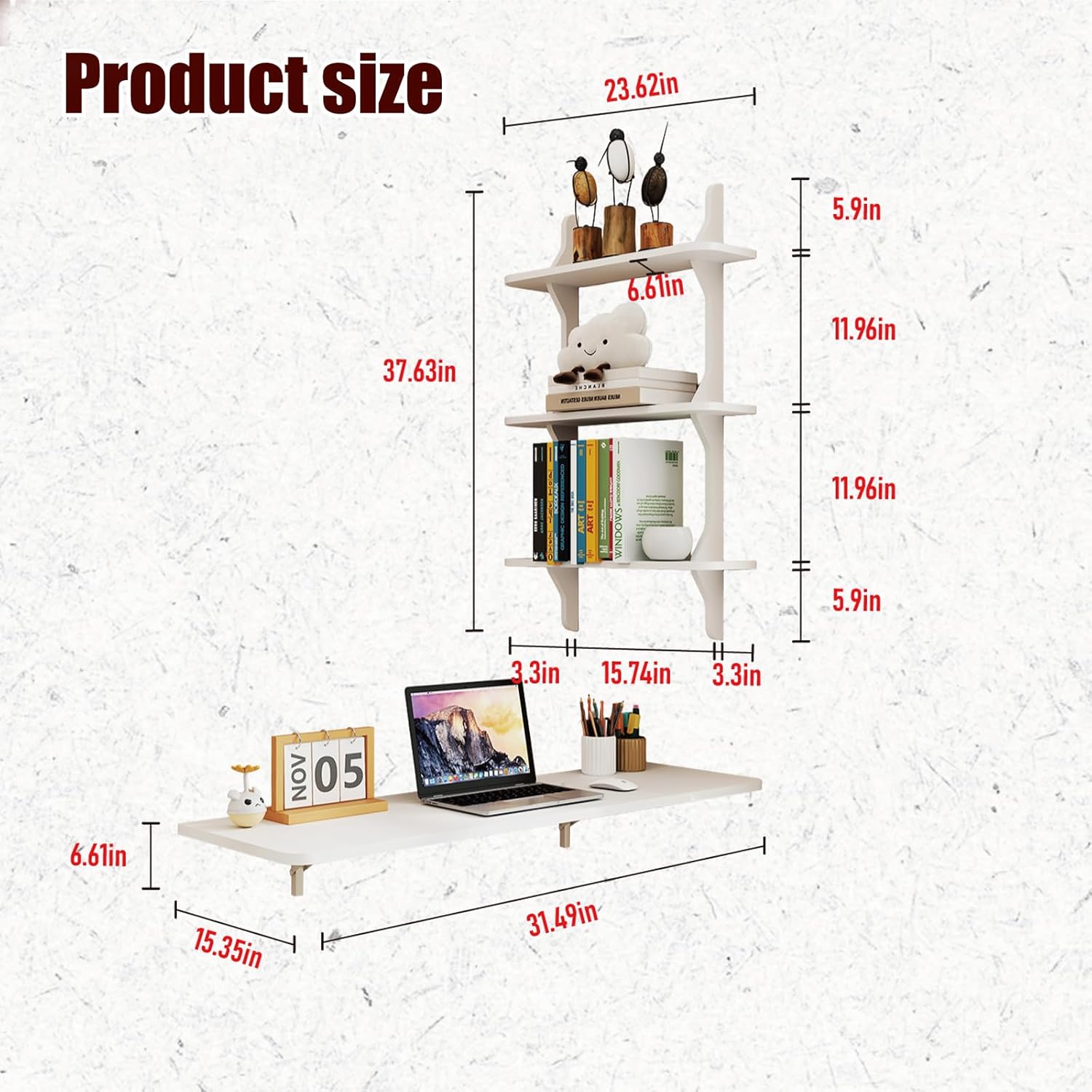 Pmnianhua Wall Mounted Folding Table, 31'' Floating Laptop Desk with Shelves, Foldable Drop Leaf Table, Wall Mount Fold Down Table for Laundry Room Kitchen Bar Home Office Small Space(White)