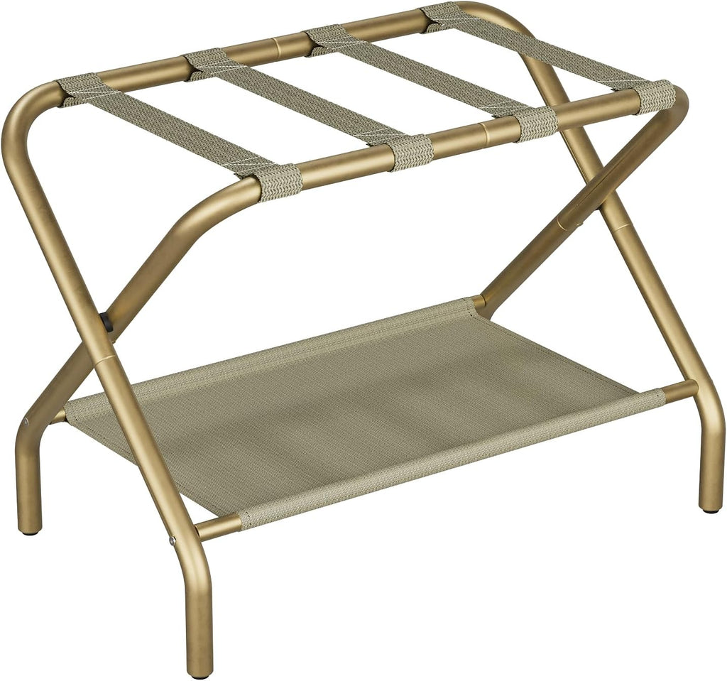 Smuxee Gold Luggage Rack, Foldable Suitcase Stand with Fabric Storage Shelf, Luggage Holder with 4 Nylon Straps for Guest Room Bedroom Hotel