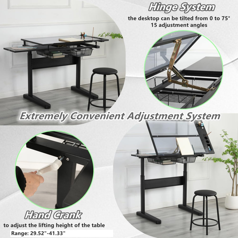 Drafting Desk with Stool, Upgraded Hand Crank Adjustable Height Art Table wit...
