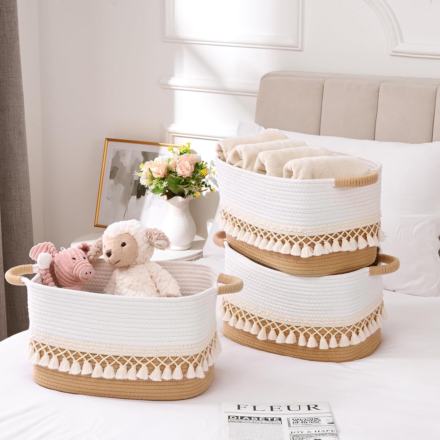 2 Pack Storage Basket for Shelves, Boho Cotton Rope Storage Bins with Heavy Tassel, Shelf Baskets Large Woven Baskets for Organizing, Cube Organizer Bins, Baby Laundry Basket for Clothes, Toys, Pets