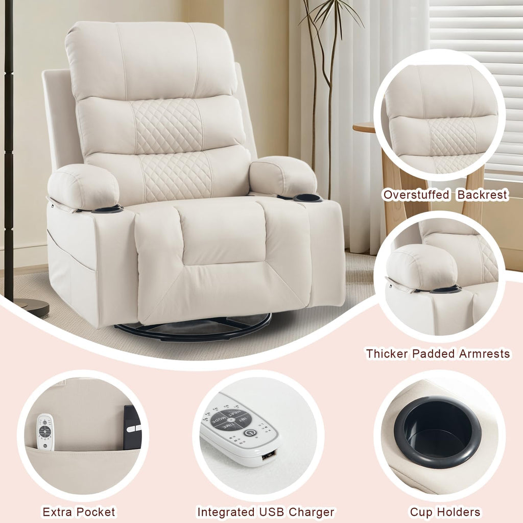KCQ Power Swivel Rocker Recliner with Massage and Heat USB Port, Overstuffed Faux Leather Electric Rocking Recliner Chair Swivel Glider Chairs for Nursery, Cream Beige