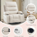 KCQ Power Swivel Rocker Recliner with Massage and Heat USB Port, Overstuffed Faux Leather Electric Rocking Recliner Chair Swivel Glider Chairs for Nursery, Cream Beige