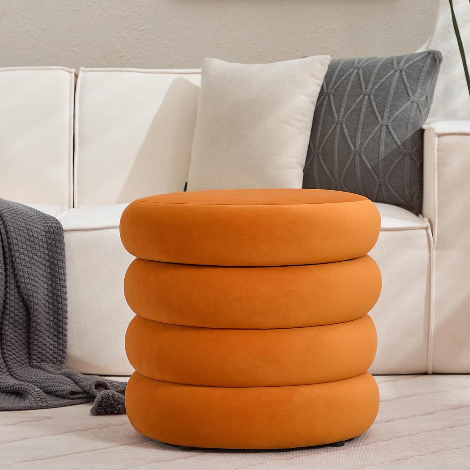 ONEVOG Round Storage Ottoman, 20" Small Ottomans Table with Removable Lid, Velvet Fabric Soft Footrest Stool for Couch, Upholstered Stuffed Circle Seat for Living Room/Bedroom/Dorm/Vanity, Orange