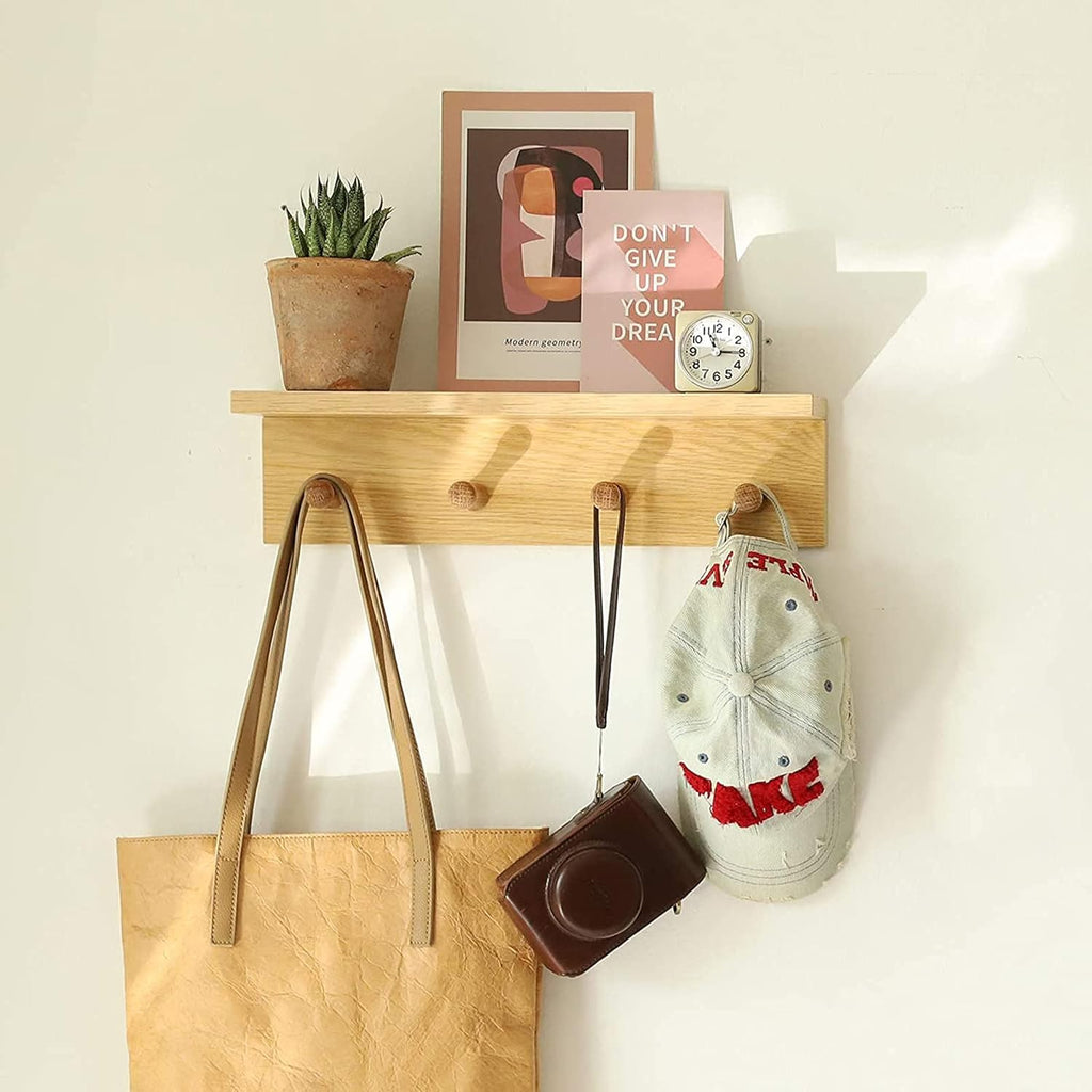 Entrance Coat Rack ，Coat Hooks, Wall-Mounted Wooden Hook Rack, Wall-Mounted Shelves are Very Suitable (Oak Colored Finish-1)