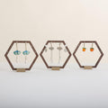 GemeShou 3pcs Wooden stud earring organizer holder, walnut earring hangers with brass base, Small Cute earring display for selling with 9 holes for each【Hexagon frame-3pcs】