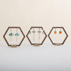 GemeShou 3pcs Wooden stud earring organizer holder, walnut earring hangers with brass base, Small Cute earring display for selling with 9 holes for each【Hexagon frame-3pcs】
