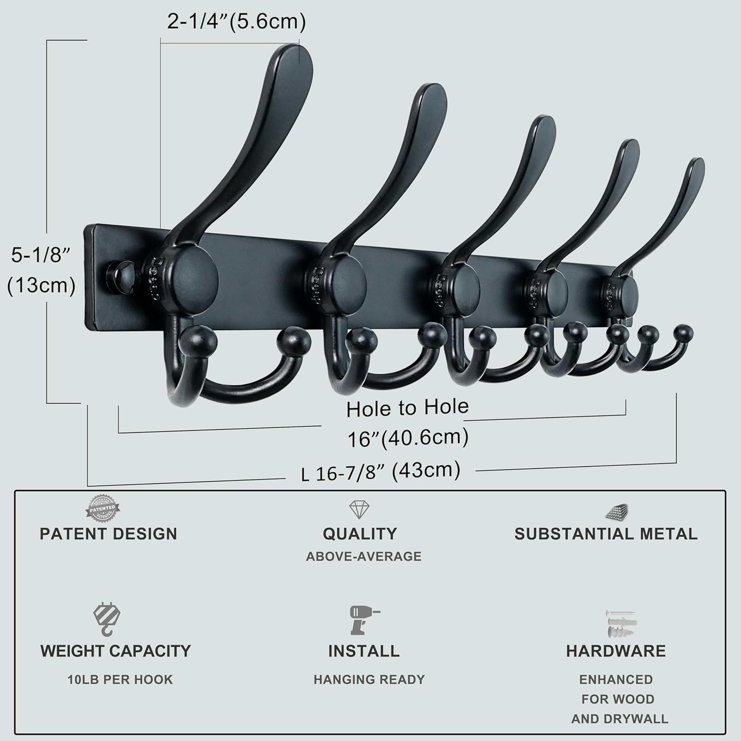 Dseap Coat Rack Wall Mount 2.0 Pro: Heavy Duty 300% Thicker, 16" Stud Mount, Stainless Steel Wall Coat Hooks Hanger for Clothes Jackets Hats Entryway Closet, MaxStrong Series, Black, Pack of 2
