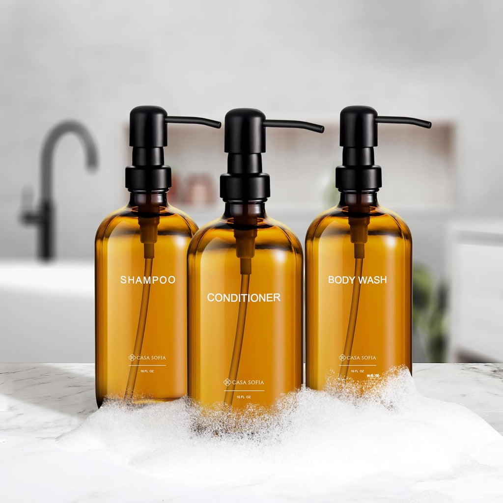 Amber Glass Shampoo and Conditioner Dispenser Set – Refillable 16 OZ Bottles with Pump, Concrete Tray Included – Modern Bathroom Organization
