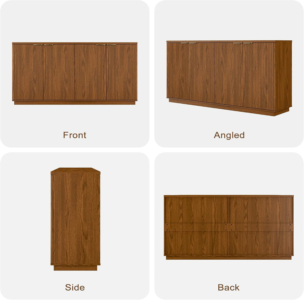 Fluted Sideboard Buffet Cabinet, 63" Wooden Credenza Storage Cabinet wit...