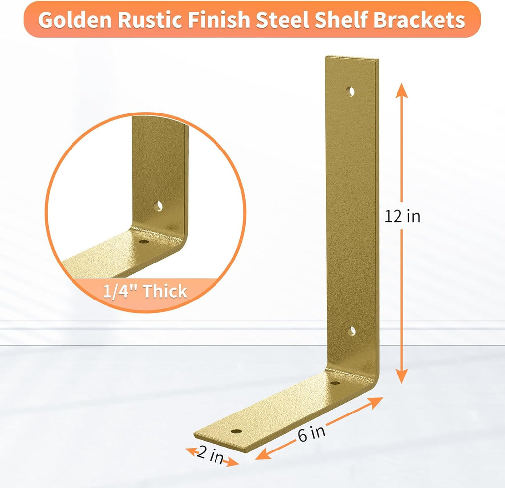 Gold Heavy Duty Shelf Brackets 12 Inch, Extra Thick L Shelving Brackets, Rustic Gold Iron Floating Shelves Wall Mounted with Hardware for DIY Open Shelving, 4 Pack