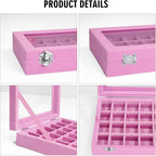 Vicoter Velvet Jewelry Box 24 Grid Jewelry Ring Display Organiser Box Tray Holder Earrings Storage Case for Girls Wife Mom Women (Pink)