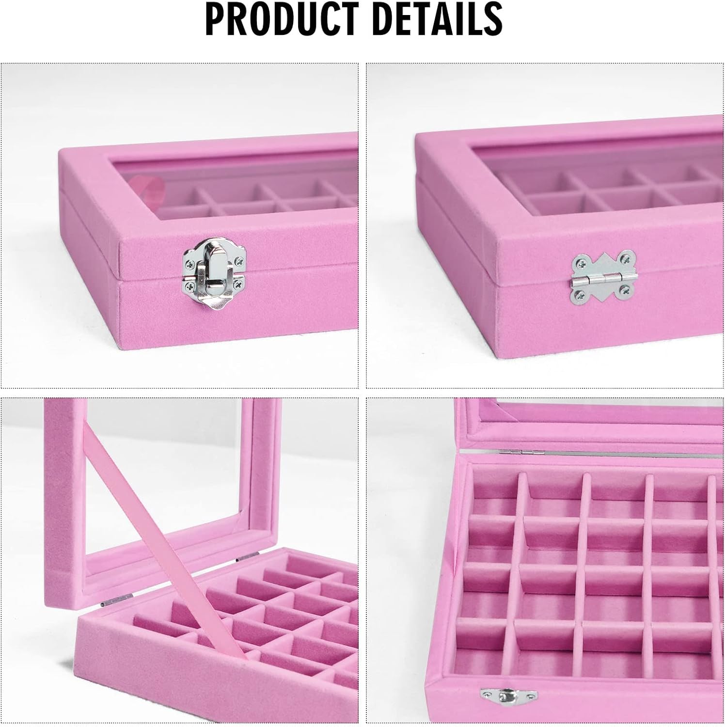 Vicoter Velvet Jewelry Box 24 Grid Jewelry Ring Display Organiser Box Tray Holder Earrings Storage Case for Girls Wife Mom Women (Pink)