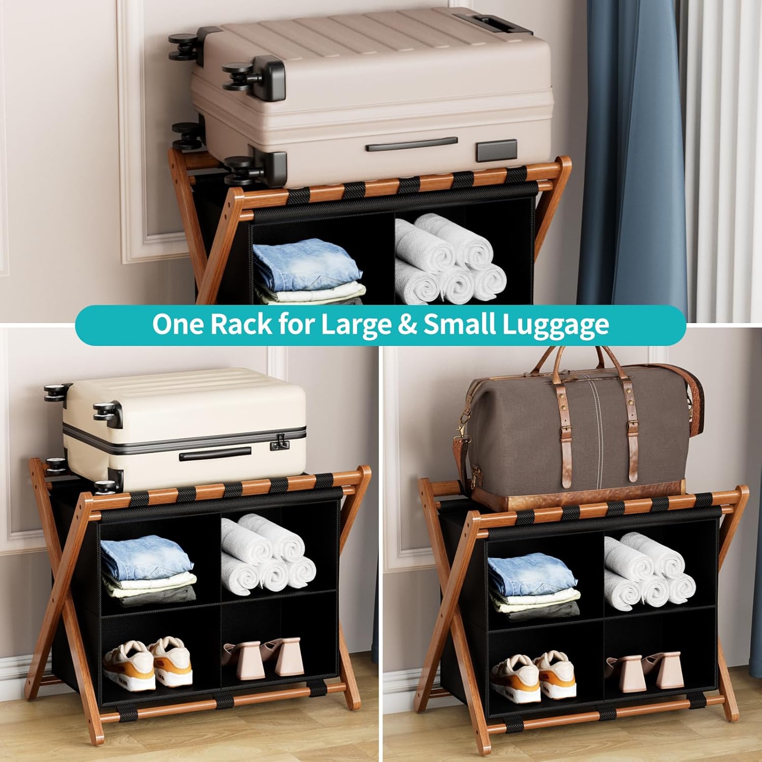 Bamboo Luggage Rack with 4 Storage Compartments, Foldable Suitcase Stand for Guest Room, 150lbs Capacity, Sturdy, Space-Saving and Easy to Assemble Organizer