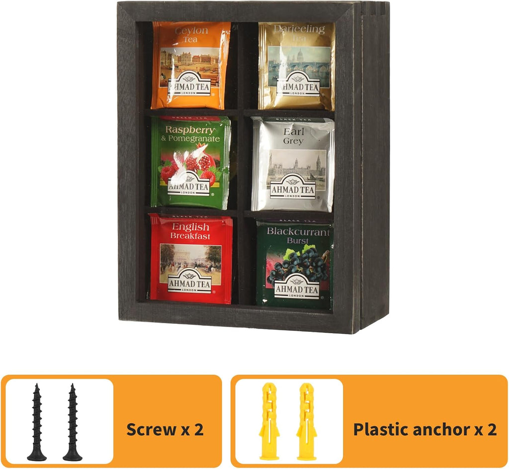 LI.TOPWP Black Wood Tea Bag Organizer, 6 Compartment Multi-Functional Tea Box and Storage Organizer,Tea Storage Chest with Acrylic Lid