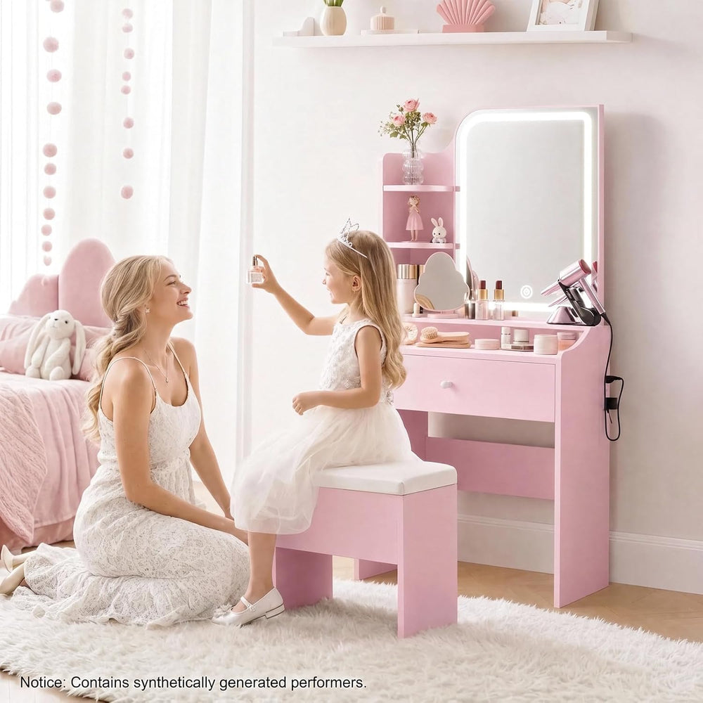 LIKIMIO Small Vanity Desk with Storage Stool and Mirror Lights | Pink compact...