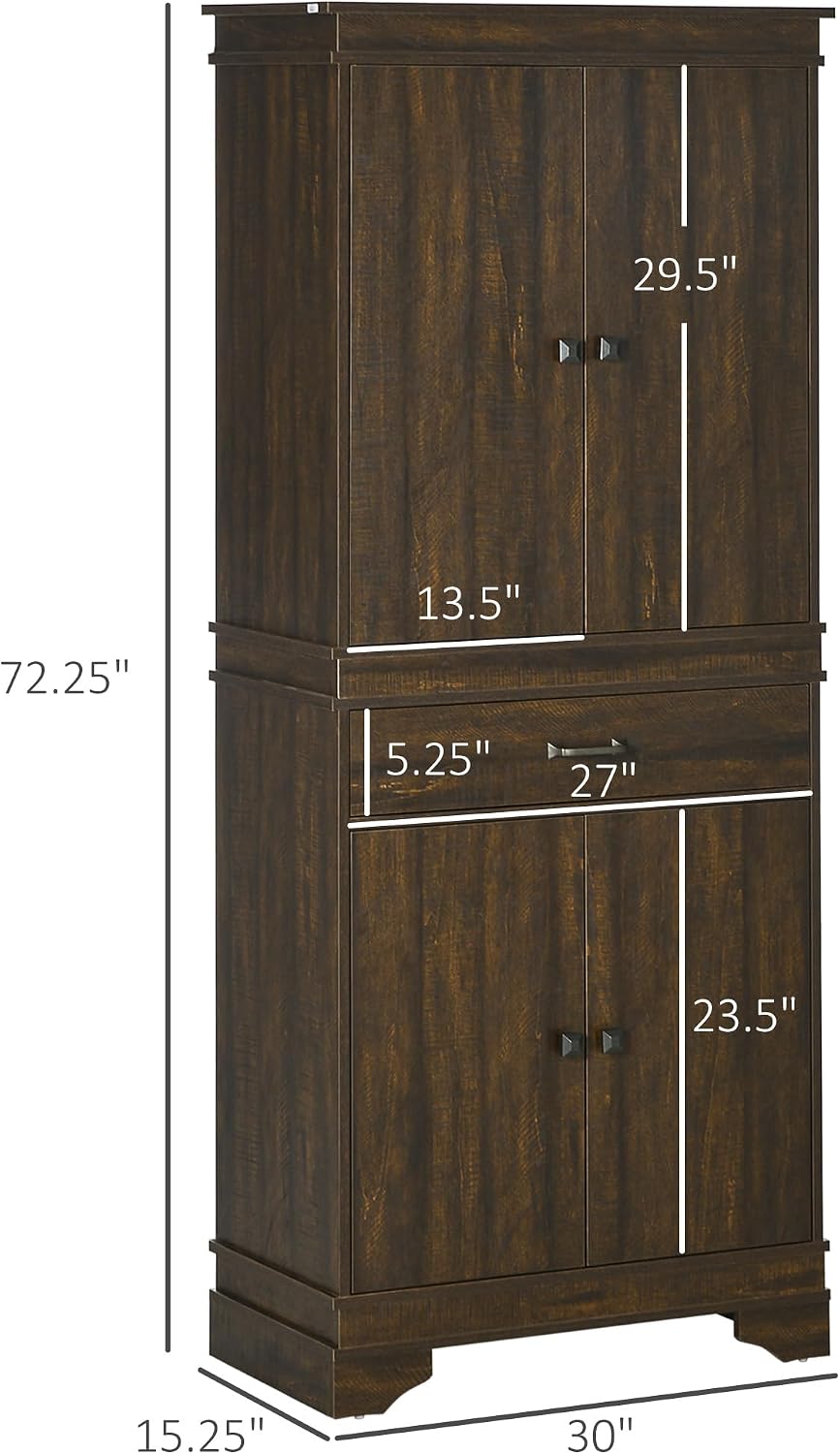 HOMCOM 72" Farmhouse Kitchen Pantry, 4-Door Rustic Storage Cabinet with ...