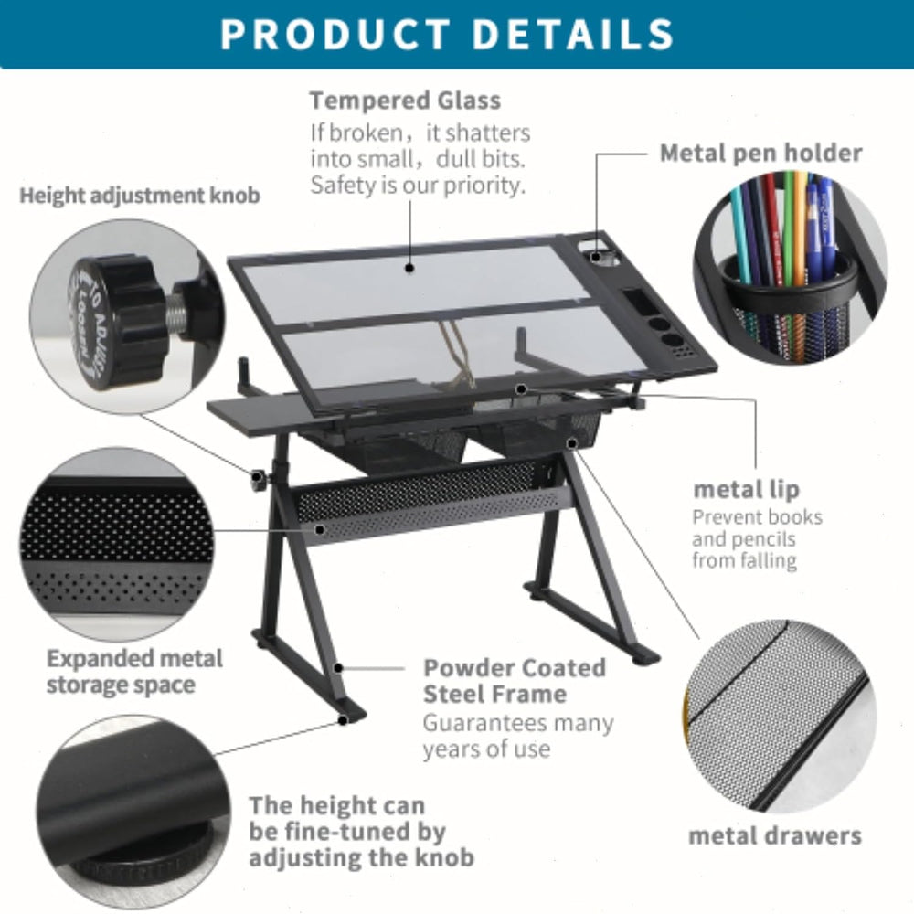 Tempered Glass Drafting Table, 0-75° Tilt & Height Adjustable Drafting De...