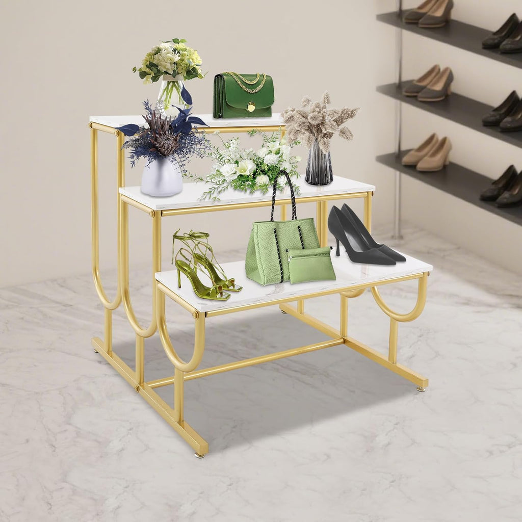 Metal Shoe Handbag Display Stand, 3 Tier Heavy Duty Display Riser Shelf, Modern Retail Display Table, Carbon Steel and Solid Wood, Gold