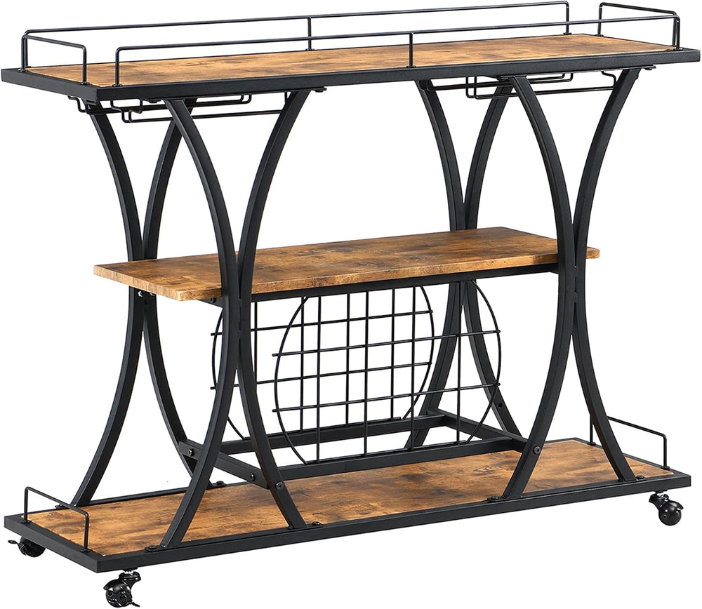 TQVAI Wooden Bar Cart with Wine Rack and Glass Holder, 3-Tier Rolling Bar Ser...