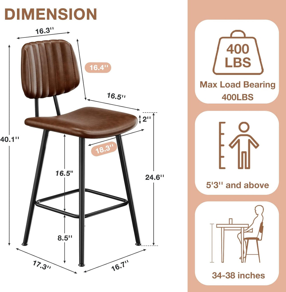 Raynesys 24-Inch Leather Bar Stools Set of 2 with High Backrest, Dark Brown