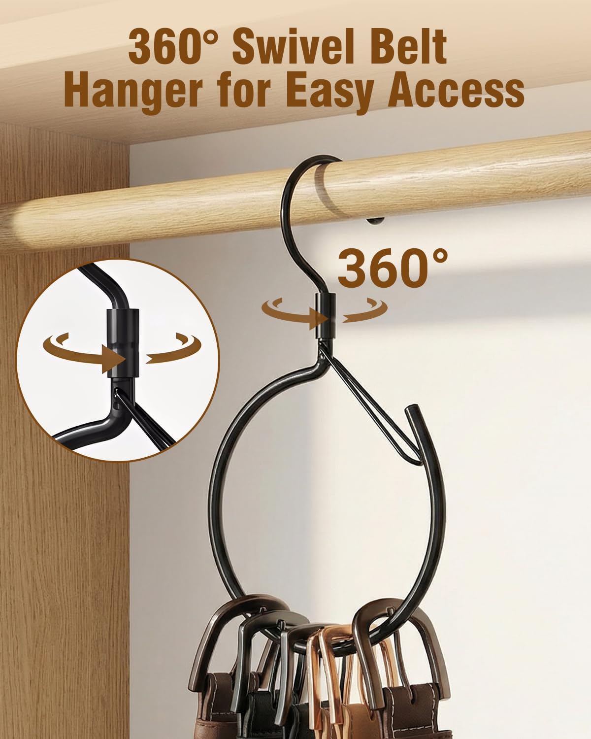Supforce 2 Pack Belt Hanger, 360° Swivel Belt Hanger for Closet, Belt Organizer for Closet, Holds Ties, Scarves, Bags, Hat & Accessories, Black