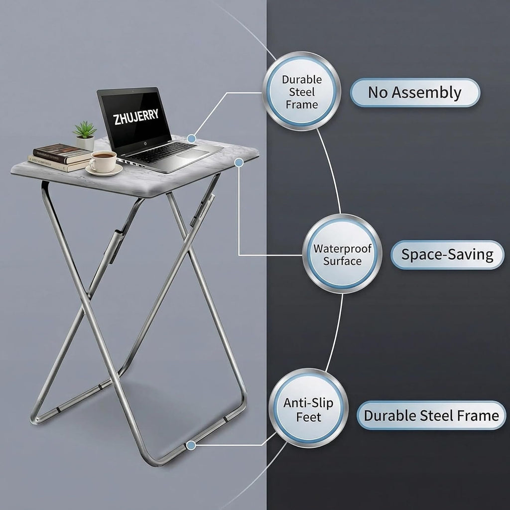 Tv Trays Folding Tv Table, Dinner Table for Eating with Sturdy Metal Frame, Small Foldable Snack Trays Table for Living Room, Couch,Sofa, Bed, No Assembly Required (White Marble)
