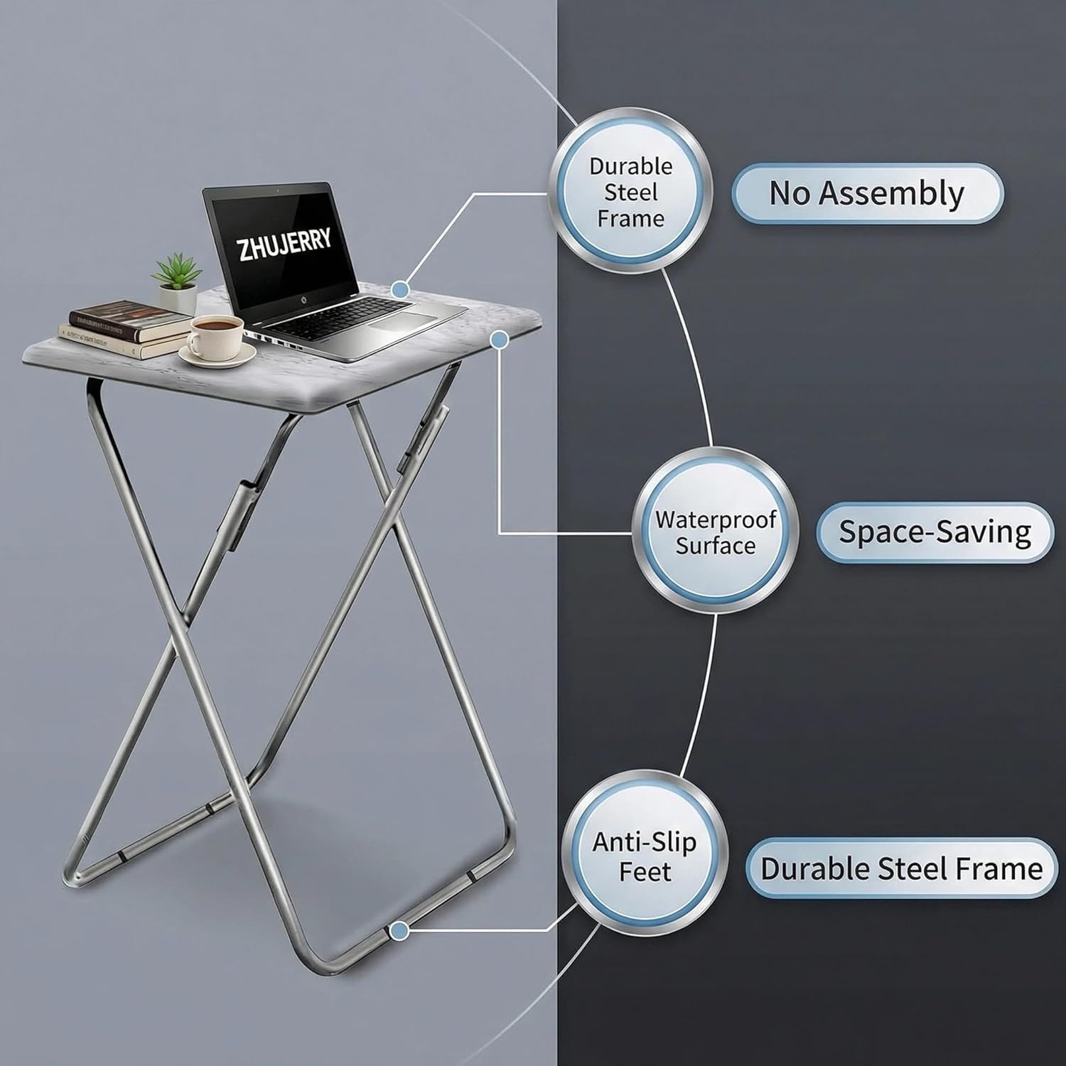 Tv Trays Folding Tv Table, Dinner Table for Eating with Sturdy Metal Frame, Small Foldable Snack Trays Table for Living Room, Couch,Sofa, Bed, No Assembly Required (White Marble)