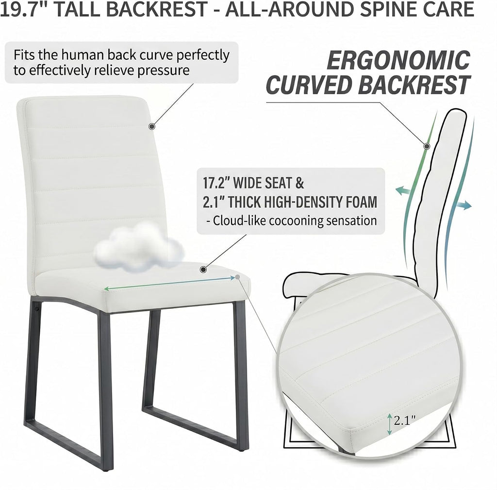 Modern Dining Chairs Set of 4, White Faux Leather Kitchen Chairs, Upholstered Armless Dining Room Chair with Black Mental Legs Heavy Duty, Comfortable (White Chairs, Set of 4)