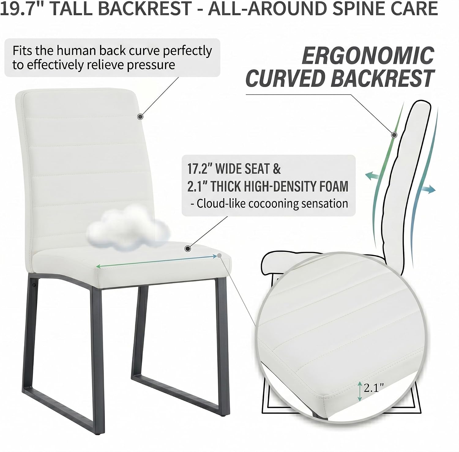 Modern Dining Chairs Set of 4, White Faux Leather Kitchen Chairs, Upholstered Armless Dining Room Chair with Black Mental Legs Heavy Duty, Comfortable (White Chairs, Set of 4)