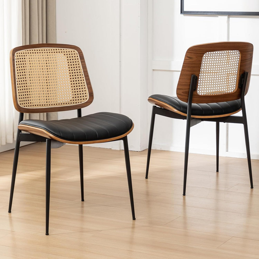 Rattan Dining Room Chairs Set of 4,Mid Century Black PU Leather Kitchen Chair...