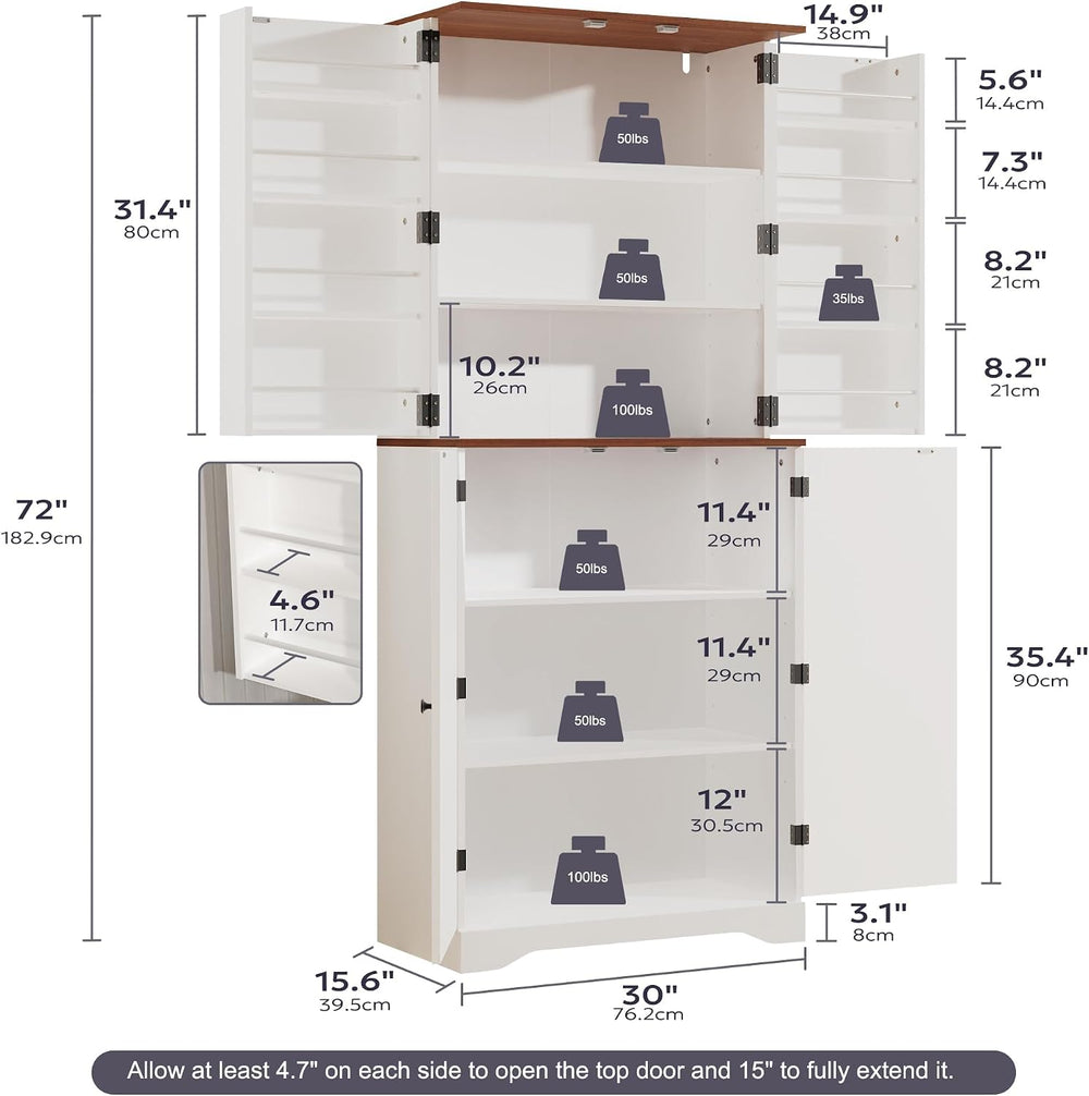 Furnify 72" Tall Kitchen Pantry Cabinet with Door Organizer, White | Far...