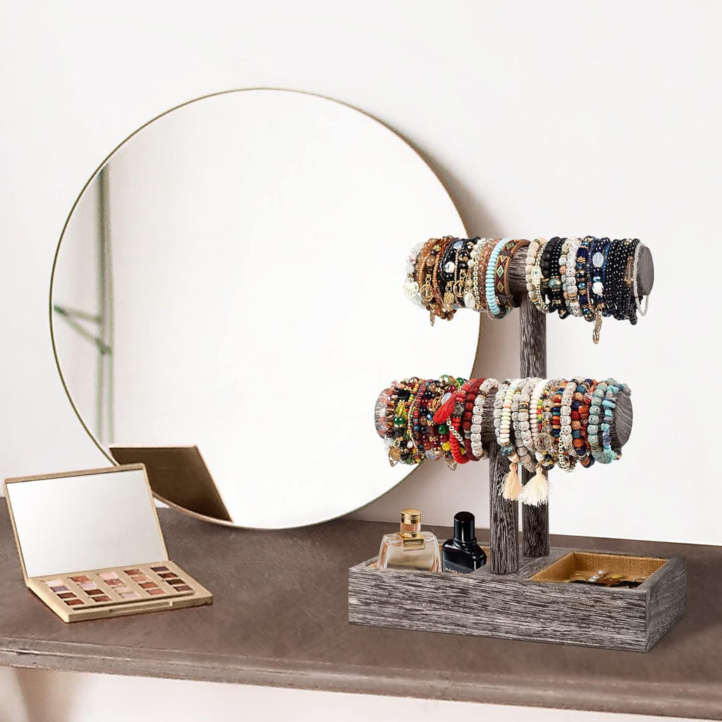 LadyRosian 2 Tier Wooden Display Jewelry Accessory Stand Jewelry Bracelet Holder Bangle Watch Necklace Storage Jewelry Holder Stand Display Organizer, (Antique White-2 layers)