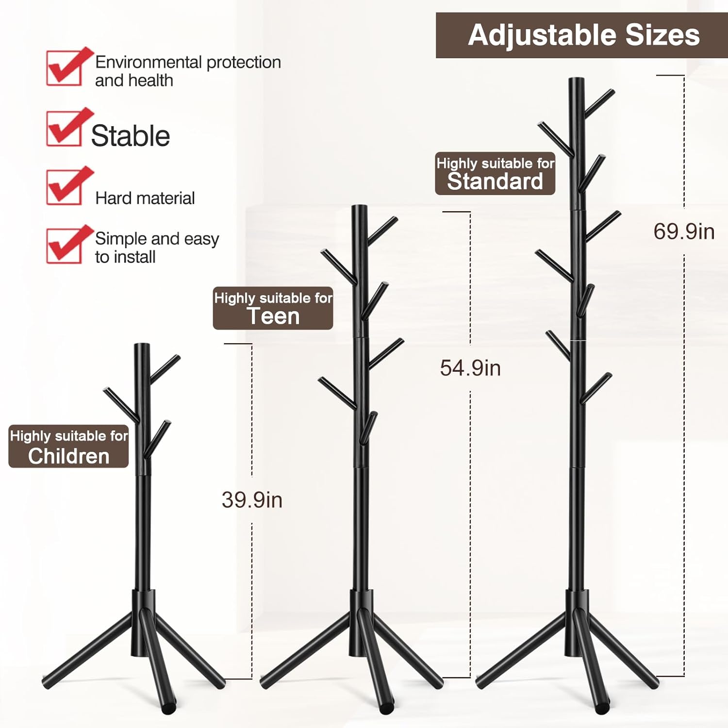 WANGMUXIA Coat Rack, Freestanding Coat Rack with 8 Hooks and 3 Adjustable Size Tree Coat Racks for Bedroom, Hallway, Entrance, Office, for Hats, Coats, Scarves, Handbags