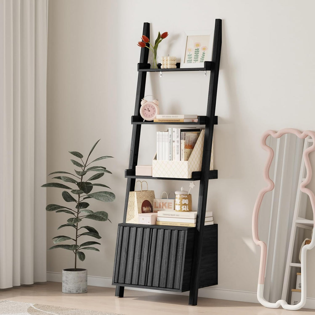 4-Tier Ladder Shelf,Modern Ladder Bookshelf Bookcase with Storage,Display Storage Shelf for Living Room Bedroom Kitchen Office,Black
