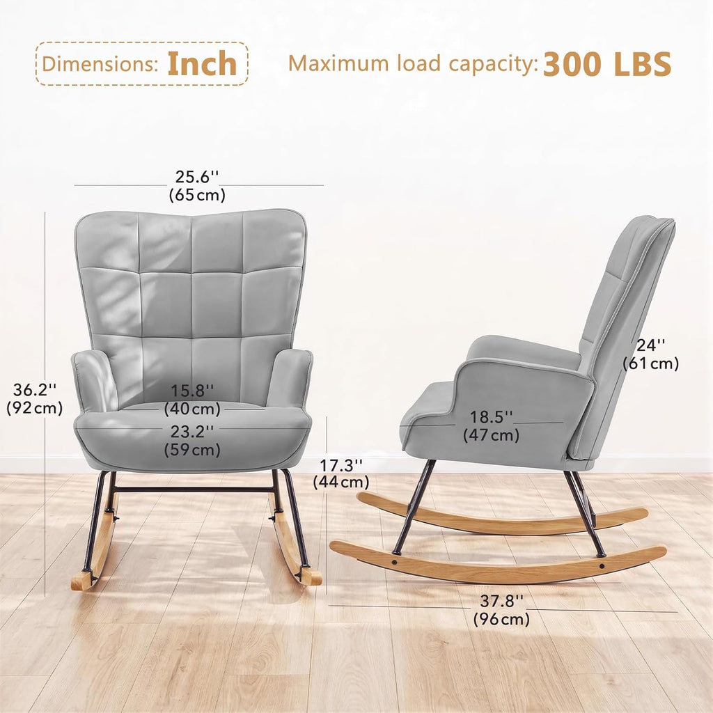 Furniliving Nursery Rocking Chair Modern Armchair Upholstered Glider Rocking Chair Nursery Chair Reading Chair with High Backrest Solid Wood Base for Bedroom, Living Room, Grey, Waterproof Velvet