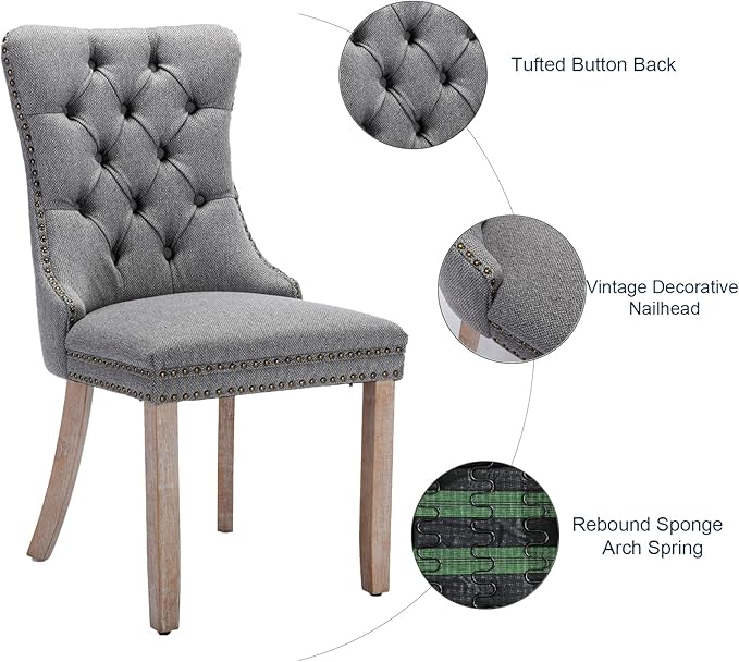Grey Dining Chairs Set of 4, Upholstered Tufted Linen Fabric Dining Room Chairs with High Back, Nailhead Trim and Solid Wood Legs, Modern Dining Chair for Dining Room, Kitchen(Grey)