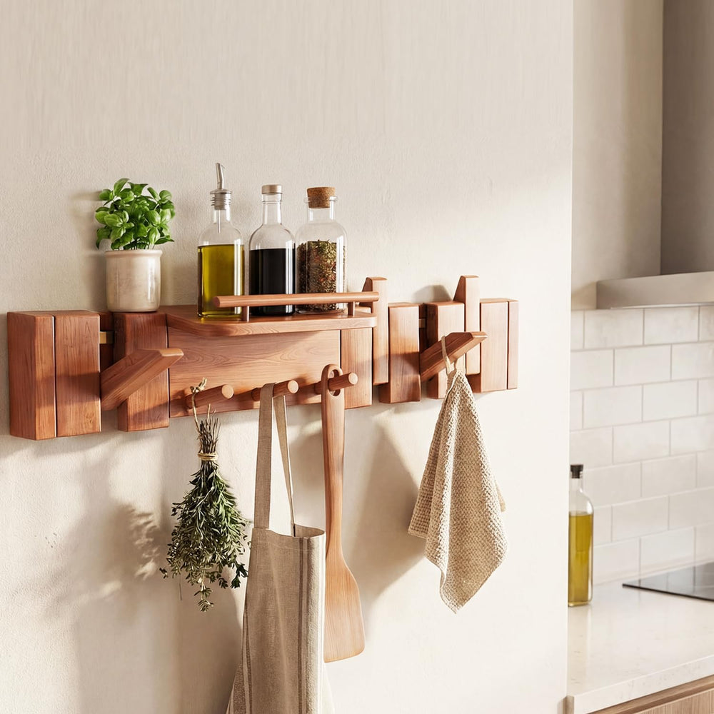 Mid Century Modern Wood Coat Rack Wall Mount with Shelf, 7 Hooks, Walnut