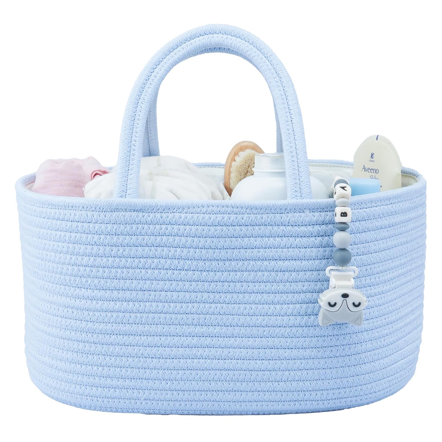 XUANGUO Cotton Rope Baby Diaper Caddy Organizer Basket Sky Blue | Nursery Storage Bin, Portable Baby Tote Bag for Changing Table or Car, Baby Shower Gifts Bag, Newborn Essentials, Registry