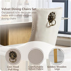 Velvet Dining Chairs Set of 6, Modern Tufted Dining Room Chair, Upholstered Dining Chairs with Lion Head Pulls Ring and Golden Solid Wood Legs, Luxury Kitchen Chairs for Dining Room, Beige