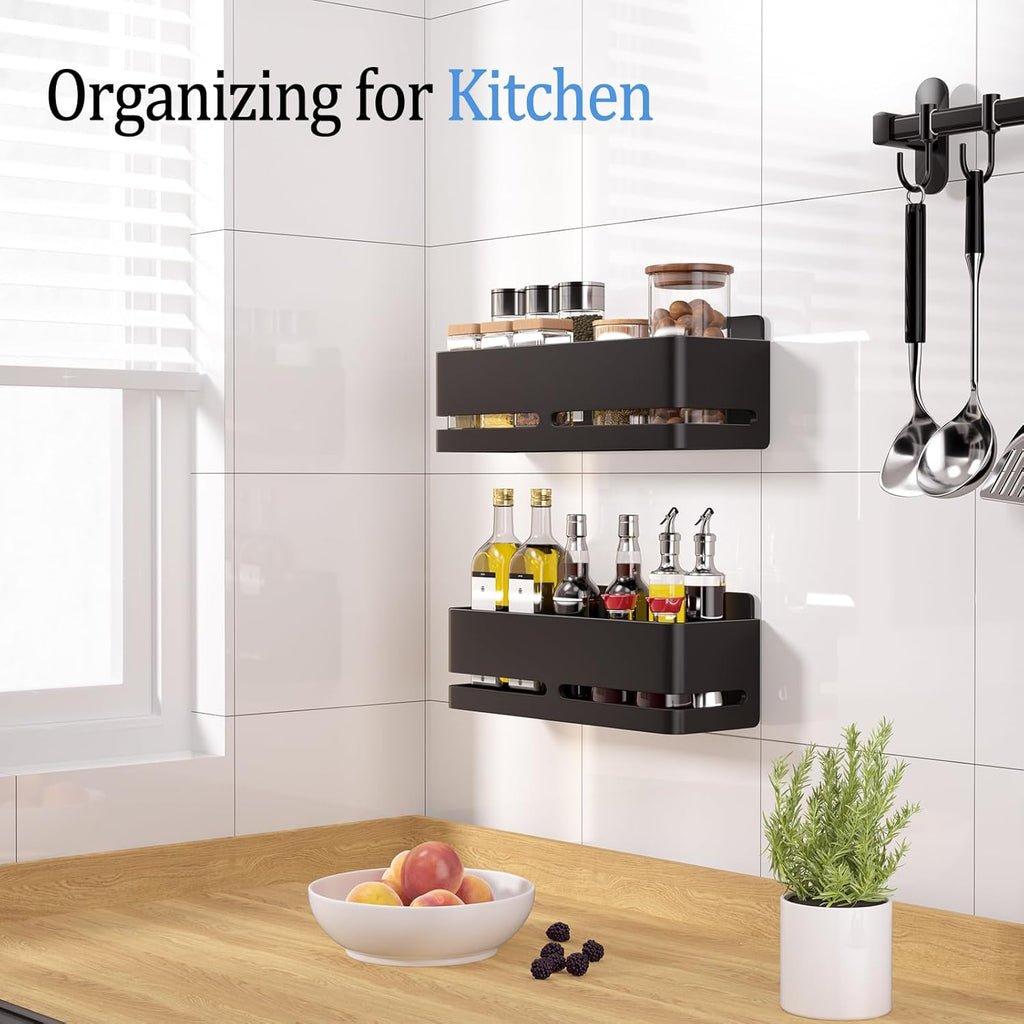 Shower Shelf, 2-Pack, Heavy-Duty Bathroom Storage Shelf, Large Capacity No-Drill Bathroom Organizer, Black Metal Storage Basket, Adhesive Installation