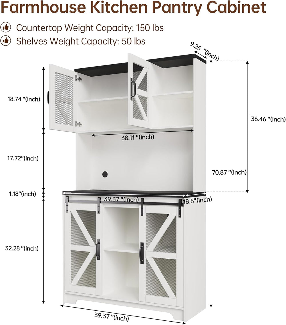 71" Tall Farmhouse Pantry Storage Cabinet With LED Lights and Charging S...
