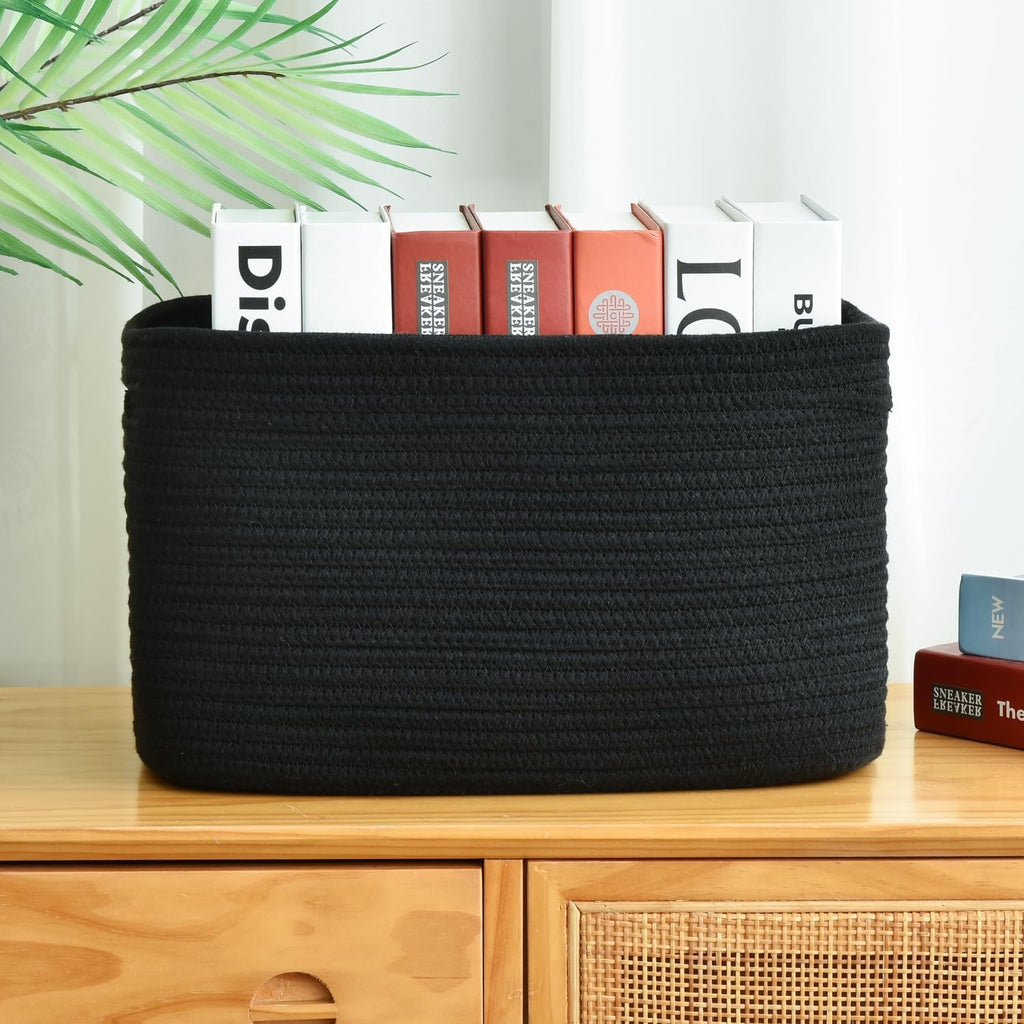 Issudata Storage Basket, Woven and Cotton Rope Baskets for Organizing, Decorative Book, Towel, Toy Baskets or Storage Bins for Living Room - 3 Pack, Black