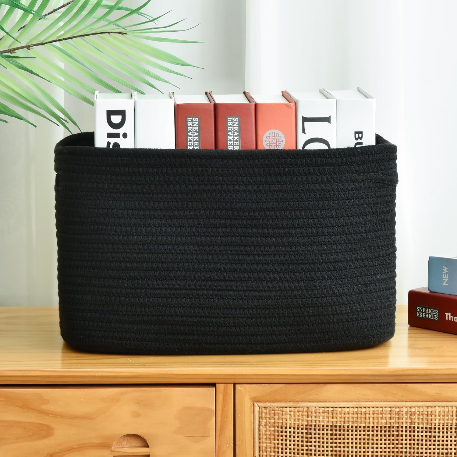 Issudata Storage Basket, Woven and Cotton Rope Baskets for Organizing, Decorative Book, Towel, Toy Baskets or Storage Bins for Living Room - 3 Pack, Black