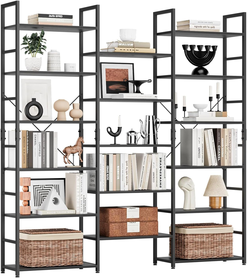 NUMENN Triple Column 6 Tier Bookshelf, Bookcase with 17 Open Display Shelves, Adjustable Rustic Industrial Style Book Shelves, Modern Bookshelves for Bedroom, Living Room and Home Office, Black