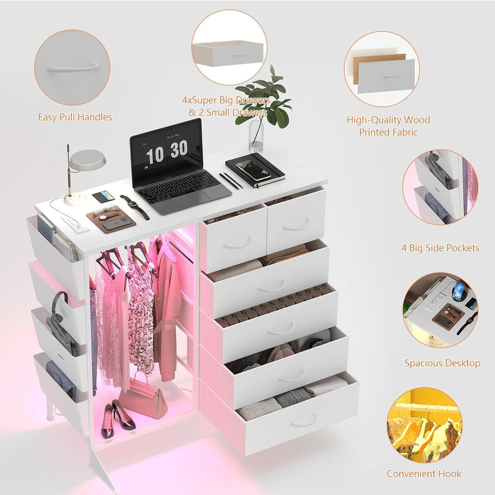 6 Drawer Dresser for Bedroom with Clothes Rack, Clothes Dresser with Side Poc...
