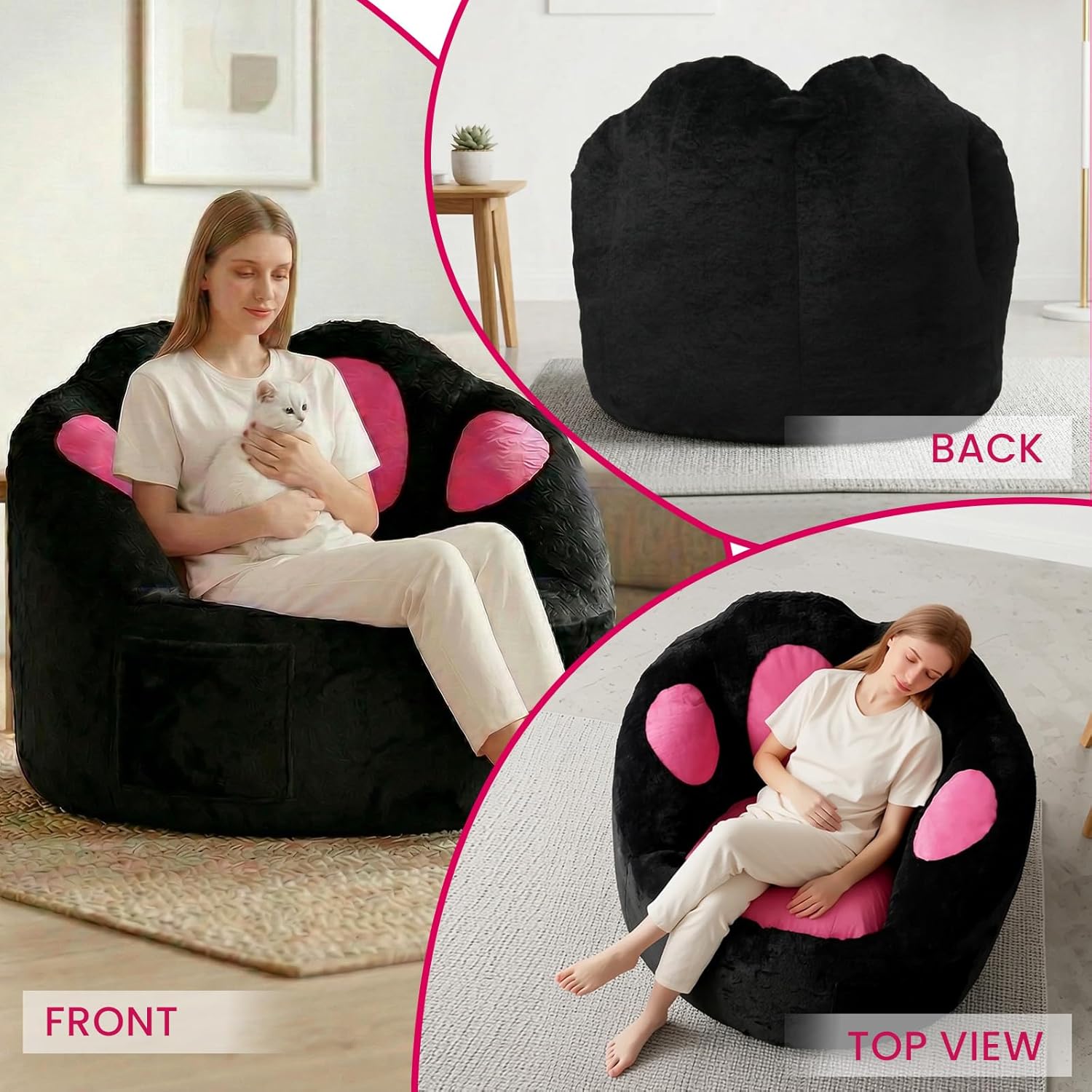 Achicsofar Bean Bag Chair for Adults Teens, Gaint Faux Fur Cat's Paw Shape Beanbag Chairs Memory Foam Filled Accent Floor Sofa for Reading, Gaming, Relaxing in Living Room, Bedroom, Dorm